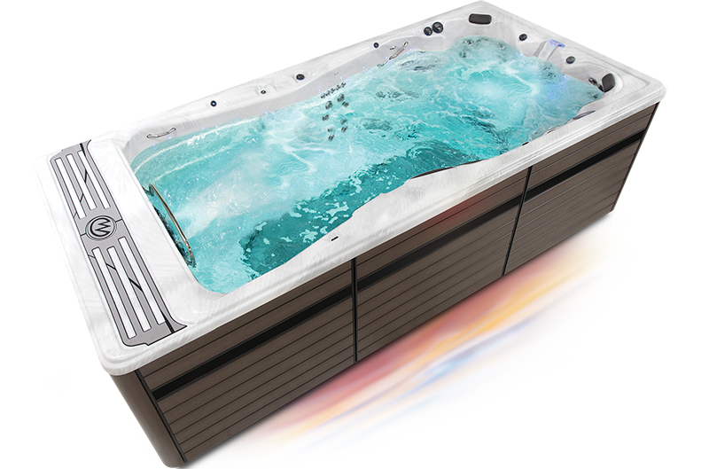 Vista de tres cuartos de un swim spa H2X Trainer